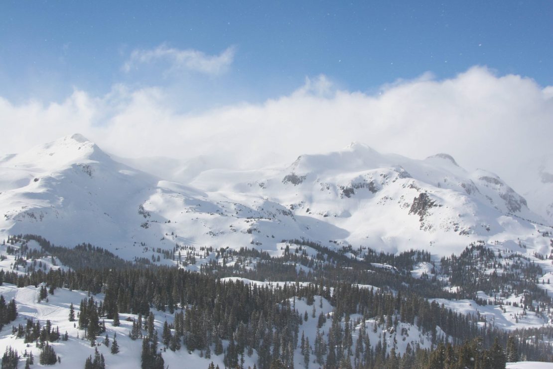 Panoramic view of Red Mountain Pass in the San Juan Mountains covered in snow