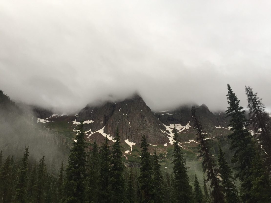 Low hanging clouds obscure mountain summit with trees in the foreground